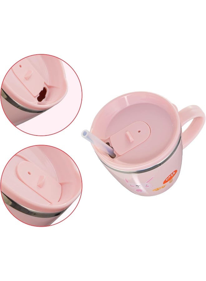 Valueder Kids Baby Toddler Cups Mug Sippy Learning Trainer Cup for Milk Coffee Hot Chocolate Stainless Steel Trainer Straw Cup with Lid, Rabbit, 7oz/Peacock pink - Image 3