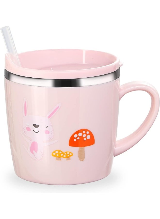 Valueder Kids Baby Toddler Cups Mug Sippy Learning Trainer Cup for Milk Coffee Hot Chocolate Stainless Steel Trainer Straw Cup with Lid, Rabbit, 7oz/Peacock pink - Image 1
