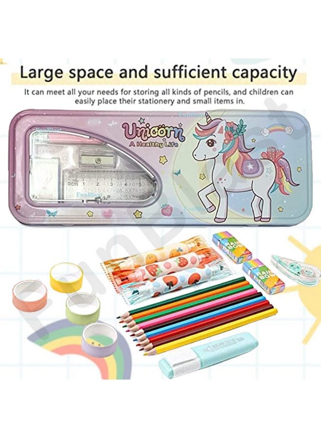 FunBlast Metal Pencil Box Case with Pencil, Eraser, Sharpener Unicorn Stationery Set Double Layer Pencil Case Stationary Organizer for Kids Birthday Return Gift for Kids (Multicolor ) - Image 2