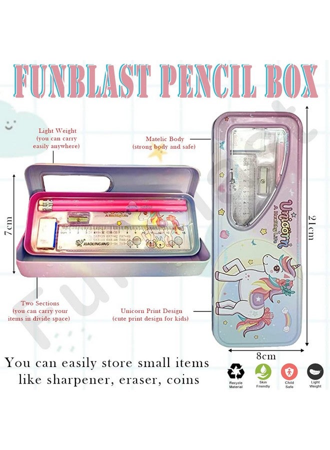 FunBlast Metal Pencil Box Case with Pencil, Eraser, Sharpener Unicorn Stationery Set Double Layer Pencil Case Stationary Organizer for Kids Birthday Return Gift for Kids (Multicolor ) - Image 3