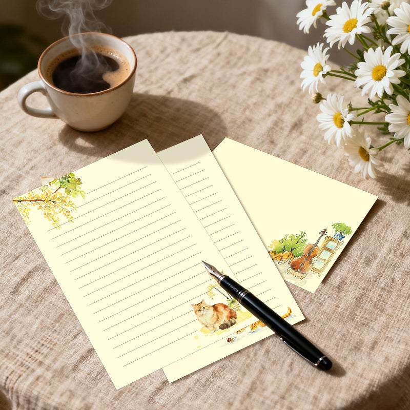 KSIWRE 36PCS Cat Theme Stationery Set, Warm Yellow Healing Style Letter Writing Paper with Cute Kitty Illustrations and Envelopes for Letters, Invitations, Holiday Greetings, Party Notes and Gifts - Image 4