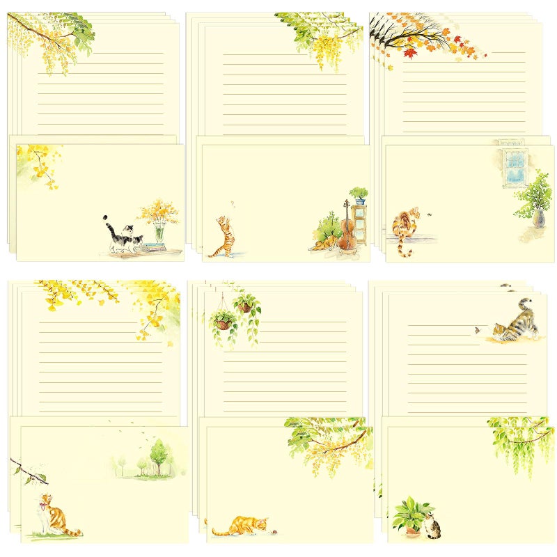 KSIWRE 36PCS Cat Theme Stationery Set, Warm Yellow Healing Style Letter Writing Paper with Cute Kitty Illustrations and Envelopes for Letters, Invitations, Holiday Greetings, Party Notes and Gifts - Image 1