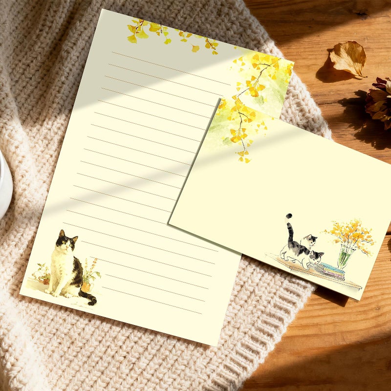 KSIWRE 36PCS Cat Theme Stationery Set, Warm Yellow Healing Style Letter Writing Paper with Cute Kitty Illustrations and Envelopes for Letters, Invitations, Holiday Greetings, Party Notes and Gifts - Image 2