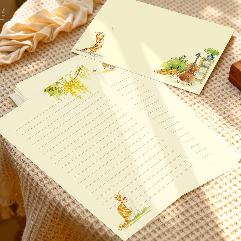 KSIWRE 36PCS Cat Theme Stationery Set, Warm Yellow Healing Style Letter Writing Paper with Cute Kitty Illustrations and Envelopes for Letters, Invitations, Holiday Greetings, Party Notes and Gifts - Image 3
