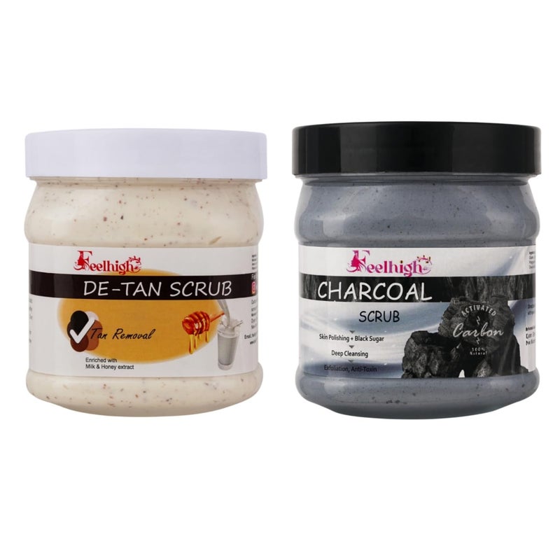 FEELHIGH Combo De Tan Tan Removal Face Scrub 500ml Enriched with Milk and Honey Extract And Charcoal Scrub 500ml Enriched with Charcoal And Black Sugar Extract 500ml Pack 2 Men and Women Facial Kit - Image 1