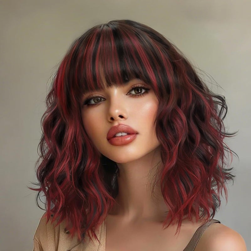 AISI HAIR Synthetic Wavy Curly Bob Wig with Bangs Brown Mix Wine Red Short Hair for Women Synthetic Heat Resistant Bob Wigs - Image 1