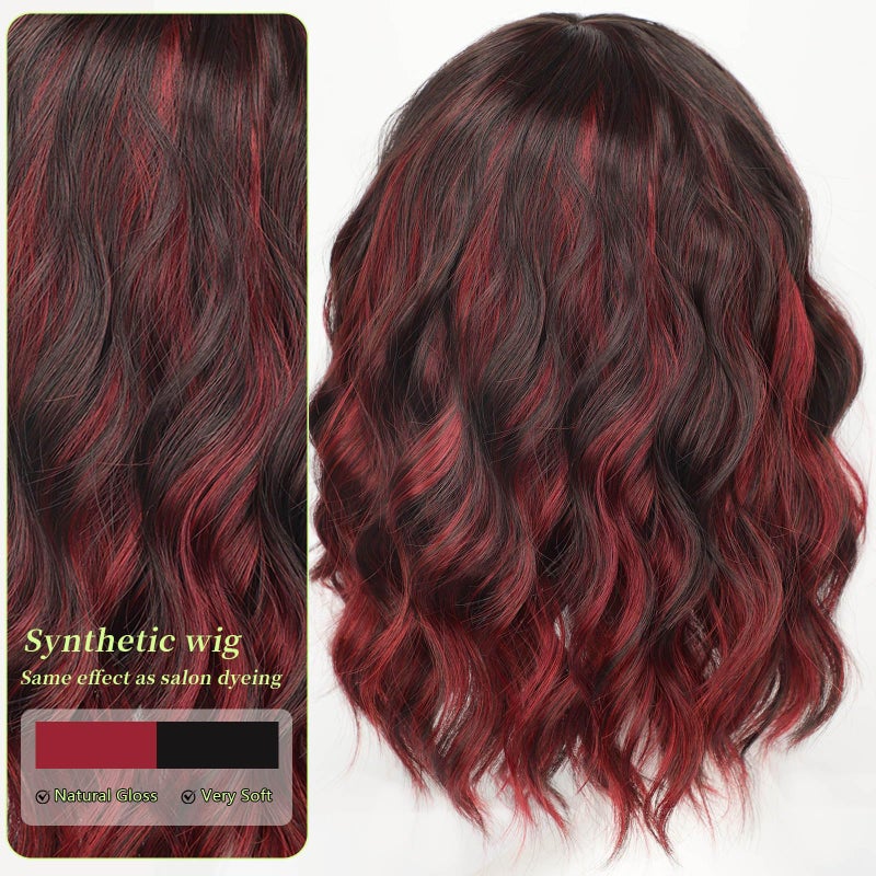 AISI HAIR Synthetic Wavy Curly Bob Wig with Bangs Brown Mix Wine Red Short Hair for Women Synthetic Heat Resistant Bob Wigs - Image 3