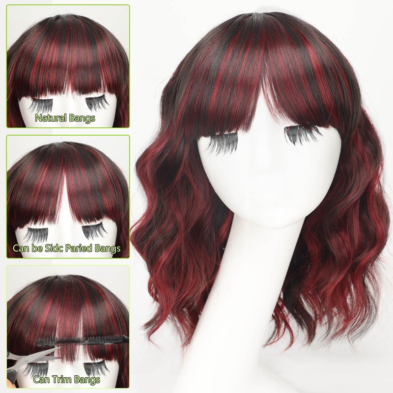 AISI HAIR Synthetic Wavy Curly Bob Wig with Bangs Brown Mix Wine Red Short Hair for Women Synthetic Heat Resistant Bob Wigs - Image 2