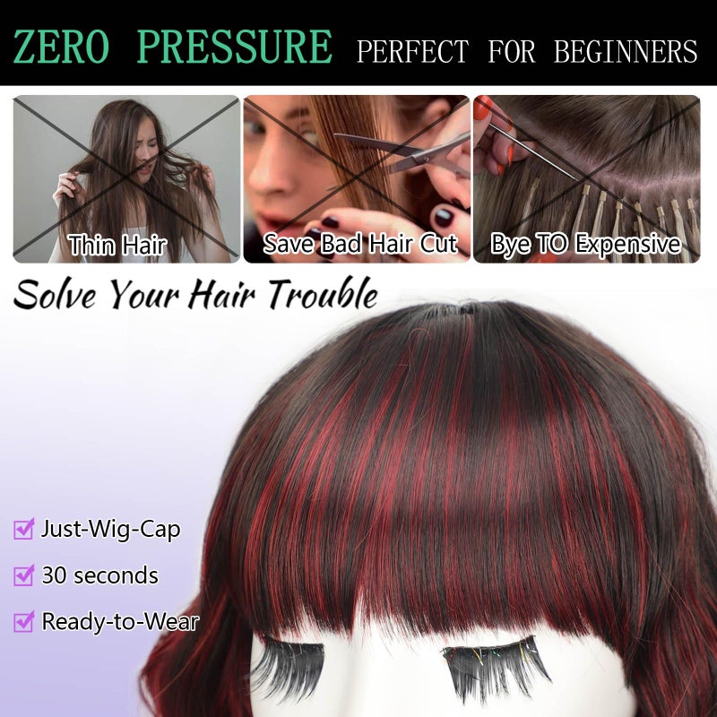 AISI HAIR Synthetic Wavy Curly Bob Wig with Bangs Brown Mix Wine Red Short Hair for Women Synthetic Heat Resistant Bob Wigs - Image 4