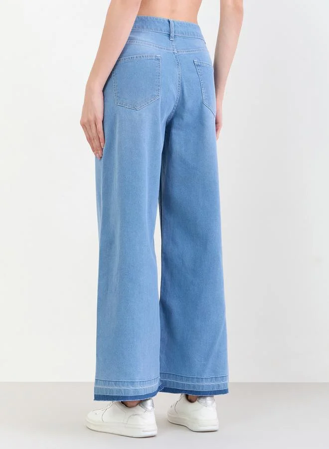 Styli Light Blue Mid Rise Wide Leg Jeans for Women | Best Price UAE