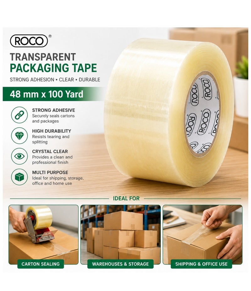 ROCO Transparent Packaging Tape 48mm x 100 Yards Strong Carton Sealing Tape Clear Packing Tape 1 Roll - Image 3