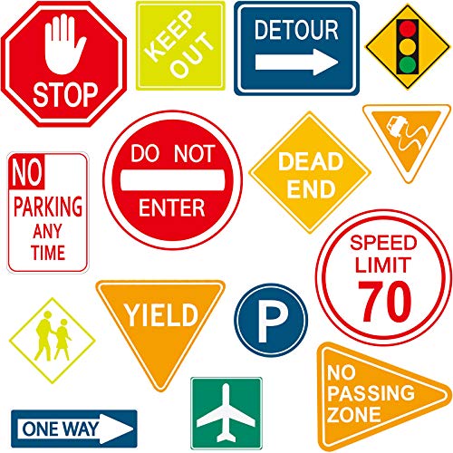 Zonon 15 Pieces Road Signs Wall Decal Traffic Street Signs Stickers Stop Street Transportation Vinyl Wall Decals for Kids Bedroom Classroom Playroom Birthday Decor - Image 1
