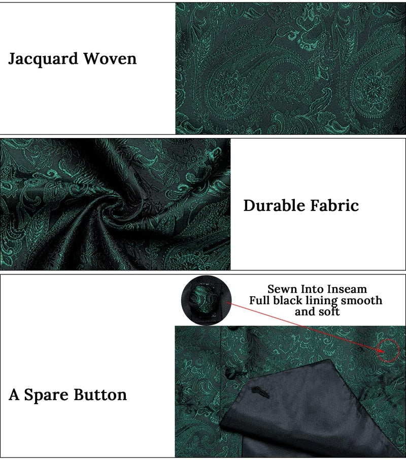 DiBanGu Mens Paisley Vest Tie Set with Lapel Pin Tie Clip 7PCS Silk V-Neck Suit Waistcoat and Necktie for Tuxedo Wedding, Emerald Green, Large - Image 5