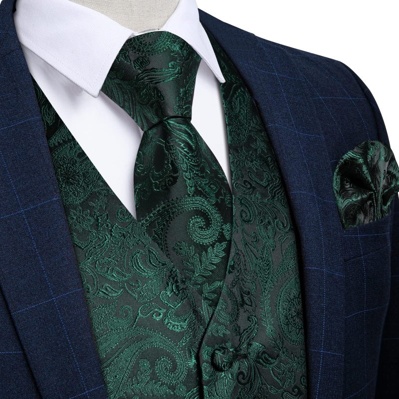 DiBanGu Mens Paisley Vest Tie Set with Lapel Pin Tie Clip 7PCS Silk V-Neck Suit Waistcoat and Necktie for Tuxedo Wedding, Emerald Green, Large - Image 2
