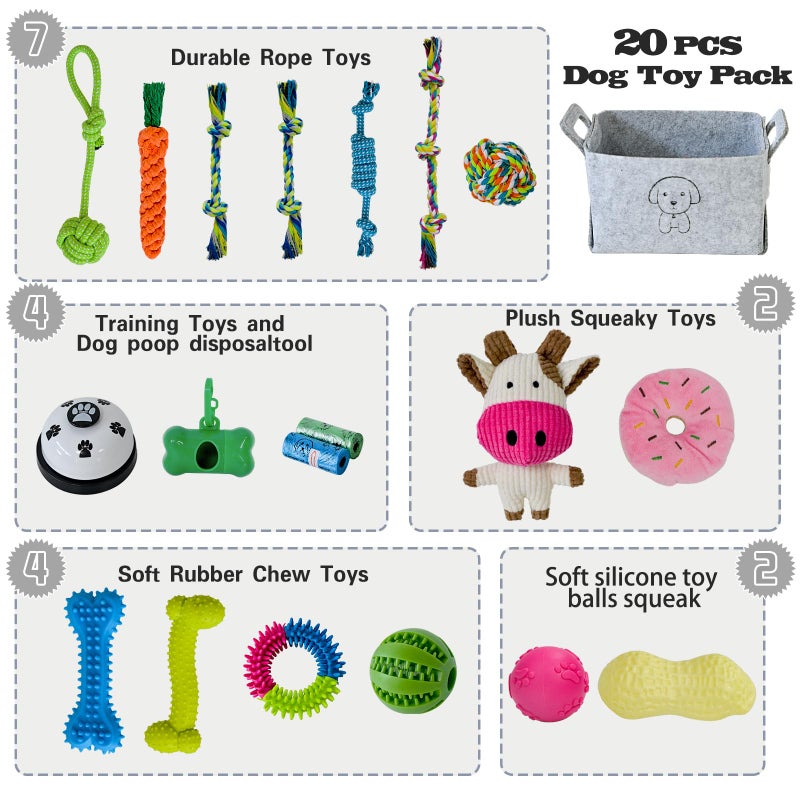 MRSOHRET 20Pcs Puppy Chew Toys for Teething, Dog Chew Toys with Rope Toy, Pet Dog Toothbrush, Treat Balls, Plush Toys and Squeaky Toys for Small Medium Dogs with Basket - Image 2