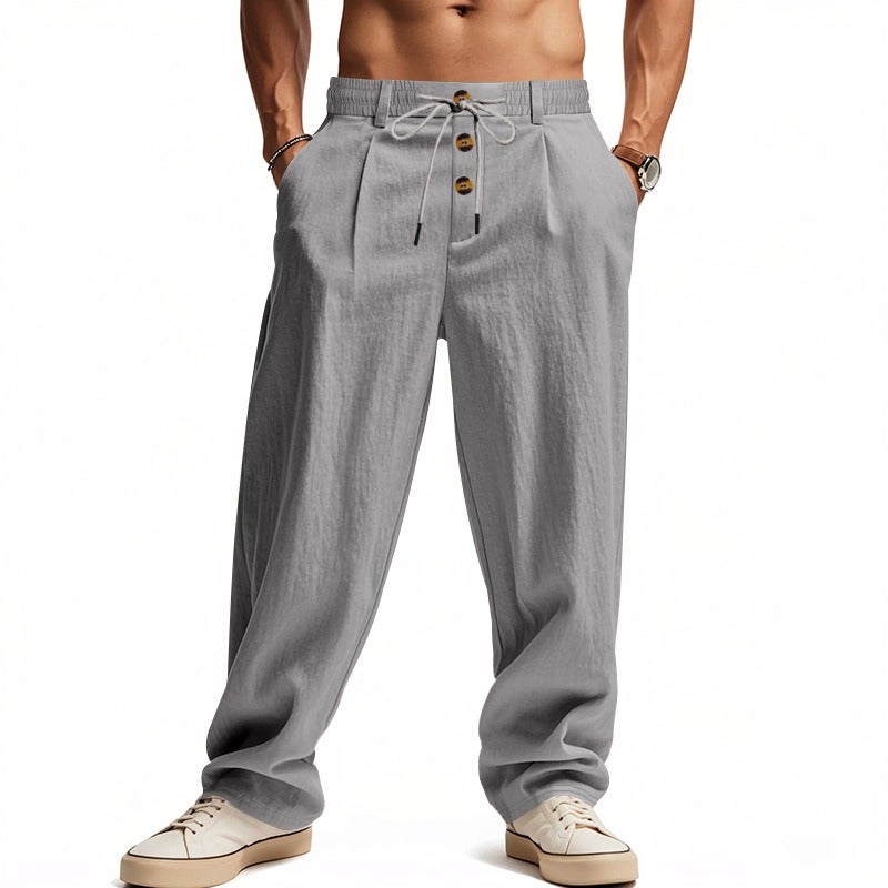 Men's Mid-Rise Linen Blend Casual Straight Leg Pants with Button Decor, Breathable, Wrinkle-Free, Drawstring Closure, Solid Color, Lightweight, for Spring Summer All Seasons