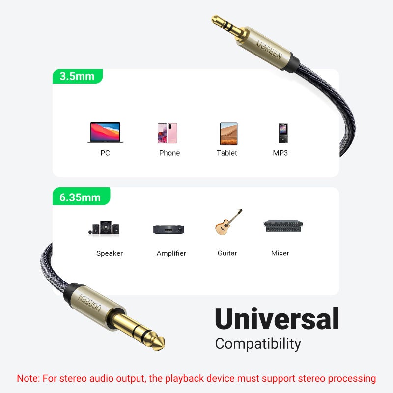 UGREEN 1/8 to 1/4 Stereo Cable 3.5mm TRS to 6.35mm Audio Cable Guitar to Aux Male Cord with Zinc Alloy Housing and Nylon Braid for Guitar, Laptop, Home Theater Devices, Speaker and Amplifiers 6.6FT - Image 2
