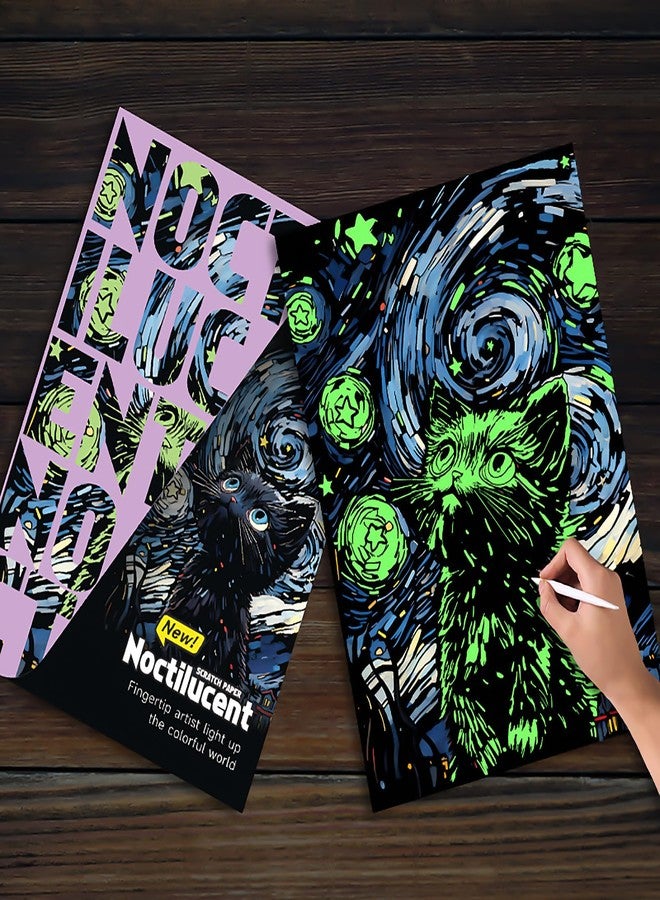 VTEAS Glow in The Dark Scratch Art Rainbow Painting Paper, 2 Pack Van Gogh Style Engraving Art Creative Craft Tools Set, Fun Magic DIY Sketch Card Scratchboard for Teen & Adults (Dolphin + Cat) - Image 4