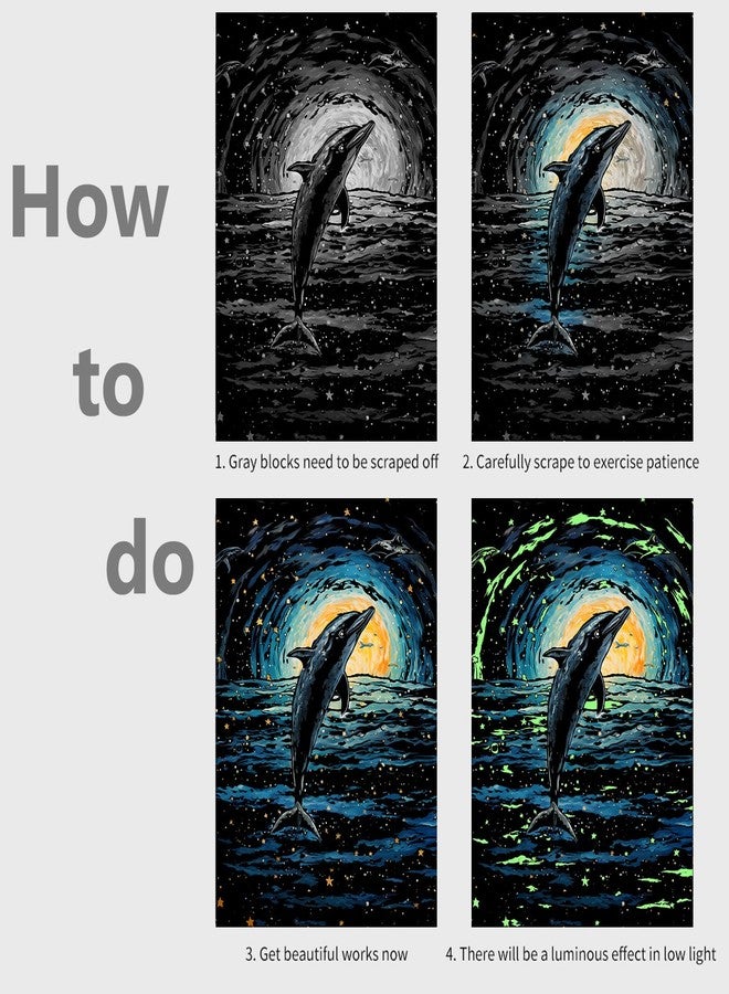 VTEAS Glow in The Dark Scratch Art Rainbow Painting Paper, 2 Pack Van Gogh Style Engraving Art Creative Craft Tools Set, Fun Magic DIY Sketch Card Scratchboard for Teen & Adults (Dolphin + Cat) - Image 5