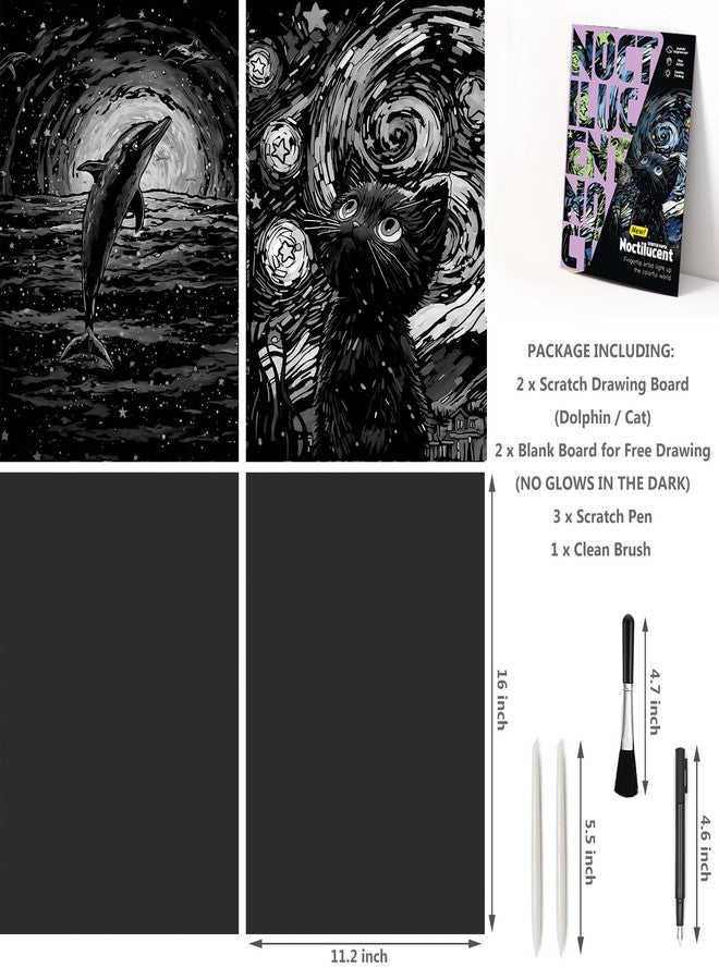 VTEAS Glow in The Dark Scratch Art Rainbow Painting Paper, 2 Pack Van Gogh Style Engraving Art Creative Craft Tools Set, Fun Magic DIY Sketch Card Scratchboard for Teen & Adults (Dolphin + Cat) - Image 3