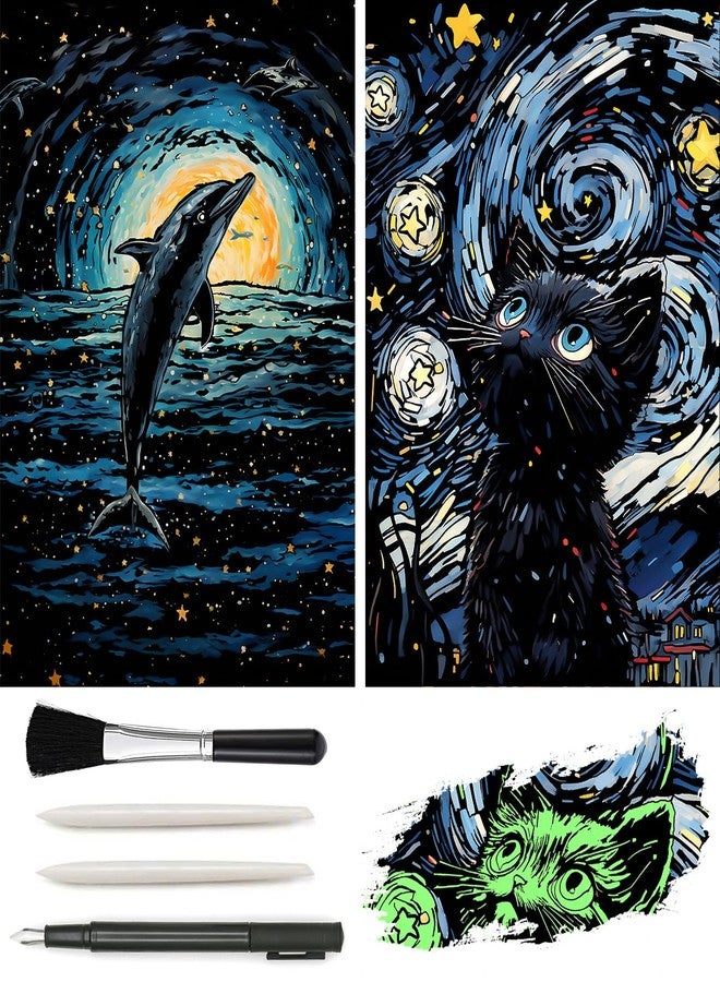 VTEAS Glow in The Dark Scratch Art Rainbow Painting Paper, 2 Pack Van Gogh Style Engraving Art Creative Craft Tools Set, Fun Magic DIY Sketch Card Scratchboard for Teen & Adults (Dolphin + Cat) - Image 1