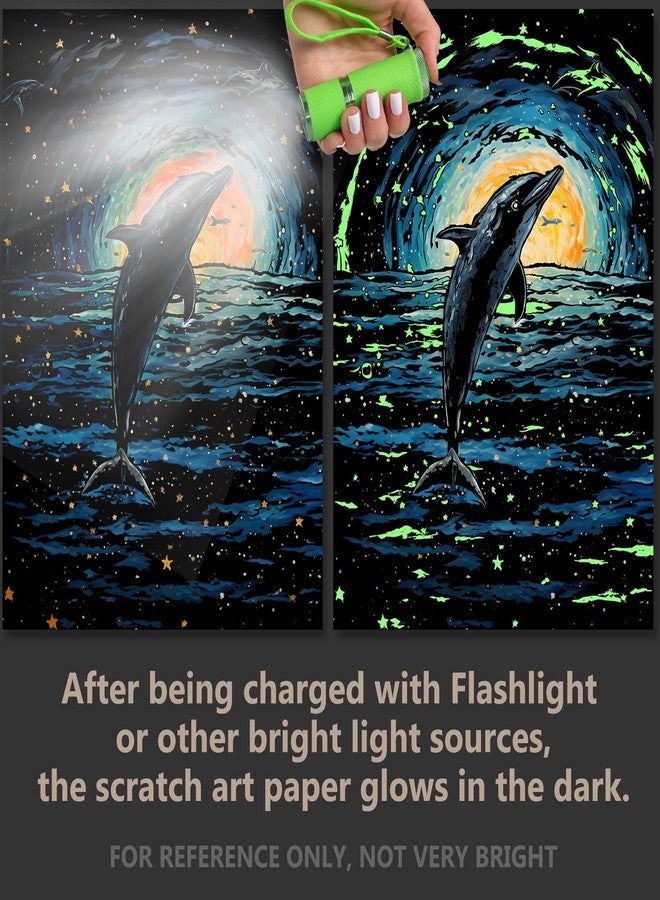 VTEAS Glow in The Dark Scratch Art Rainbow Painting Paper, 2 Pack Van Gogh Style Engraving Art Creative Craft Tools Set, Fun Magic DIY Sketch Card Scratchboard for Teen & Adults (Dolphin + Cat) - Image 2