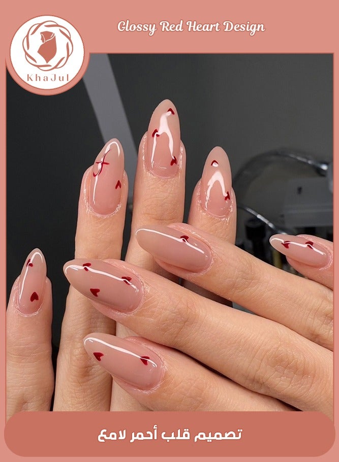 خاجول 24 قطعة من أظافر الضغط الجميلة على شكل قلب، أظافر صناعية قصيرة ومتوسطة الحجم مع غراء، أظافر صناعية وردية عارية، أظافر على شكل لوز، أظافر لاصقة قابلة لإعادة الاستخدام، أظافر صناعية بتغطية كاملة للنساء، فن الأظافر - Image 1