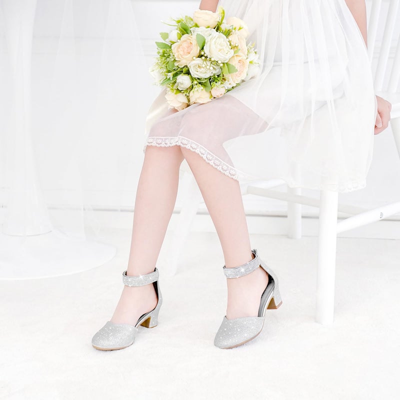 LAURMOSA Big Kids Dress Shoes for Girls Silver Rhinestone Heels Size 4 Flower Girl Shoes Girls High Heels for Kids Glitter Closed Toe Ankle Strap Sparkle Fancy Chunky Wedding Party (L1053ShSilver 4) - Image 3