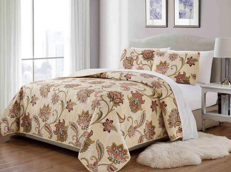 Fancy Linen Fancy Collection 3 Pc Quilted Bedspread Over Size New (Full/Queen, Beige Rust Green Floral) - Image 1