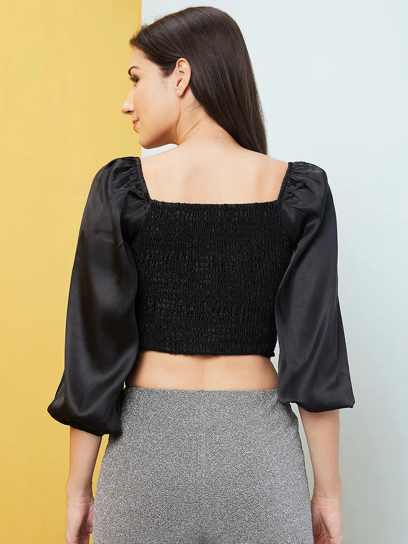 globus Women Black Square Neck Puff Sleeves Smocked Gathered Ruched Crop Top