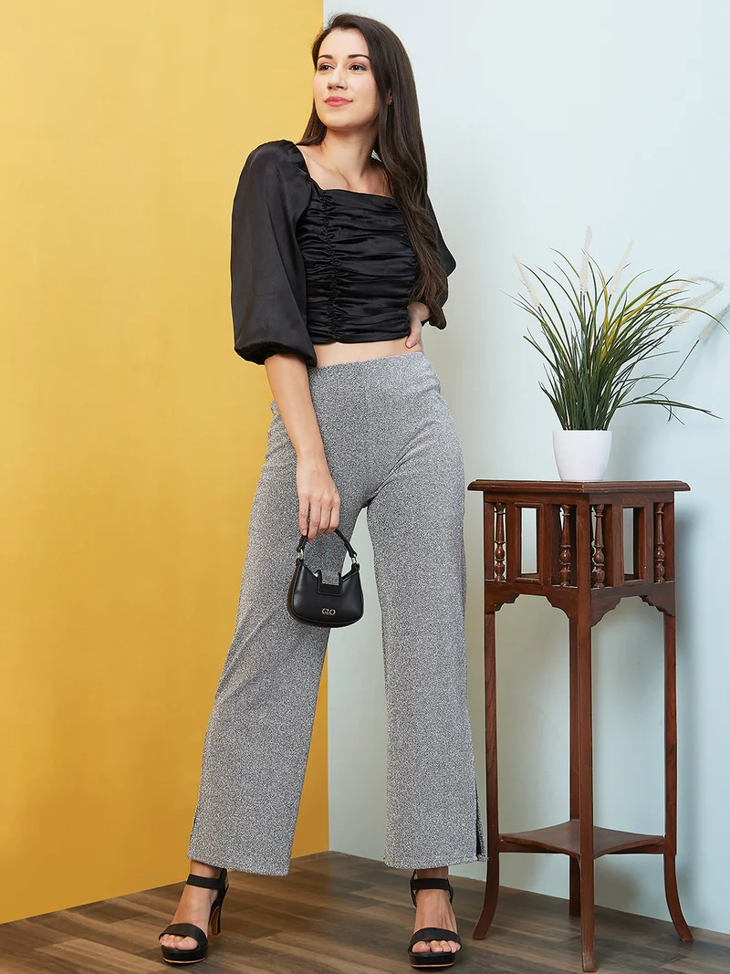globus Women Black Square Neck Puff Sleeves Smocked Gathered Ruched Crop Top