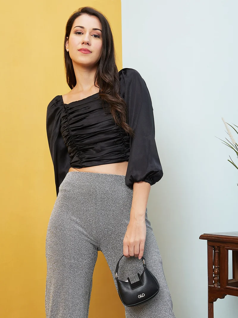 globus Women Black Square Neck Puff Sleeves Smocked Gathered Ruched Crop Top