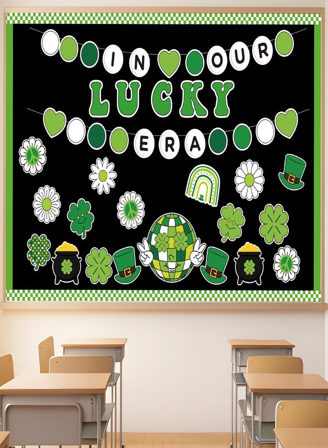 CPicdn 141Pcs St. Patrick’s Day Bulletin Board Classroom Decoration Retro Hippie Rainbow Flower Cutouts Shamrock Clover Name Tags Green Border Trim School Chalkboard Supplies Wall Door Decor - Image 1