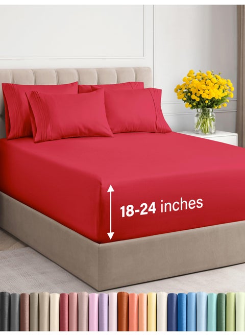 Extra Deep King Sheet Set - 6 Piece Breathable and Cooling Sheets - Hotel Luxury Bed Sheets Set - Easy & Secure Fit - Soft  Wrinkle Free and Comfy Sheets Set - Red Sheet Set with Extra Deep Pockets