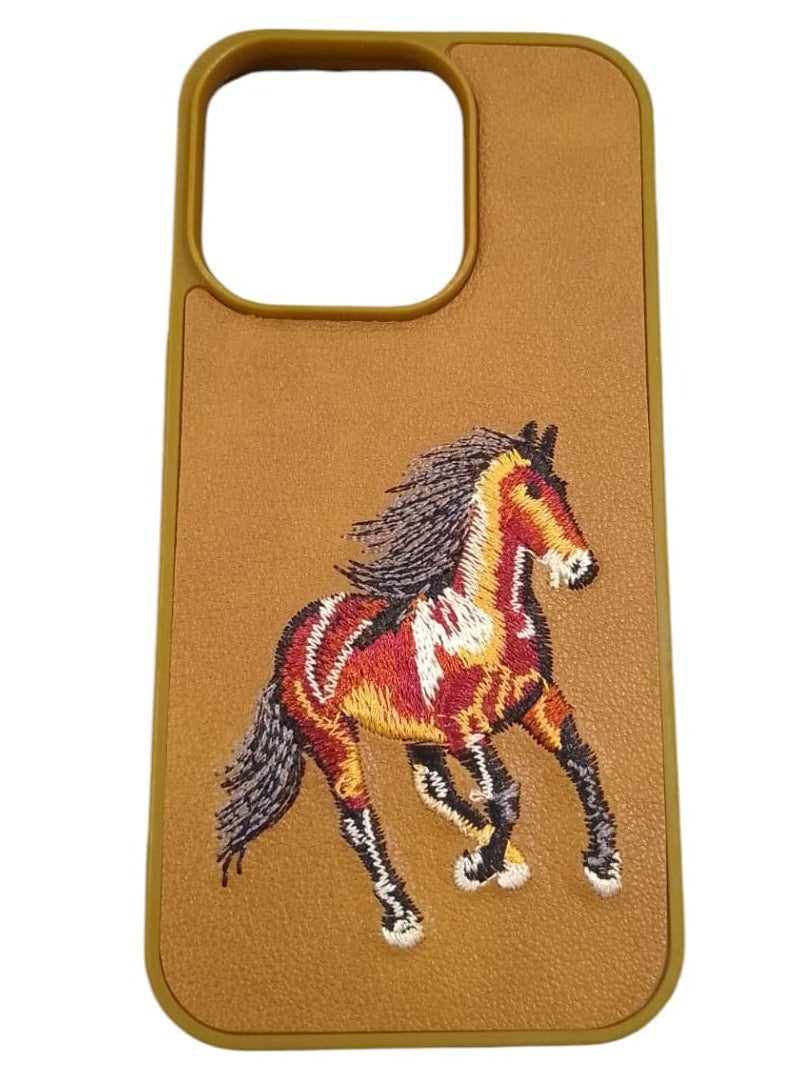 كيس جراب هاتف مضاد للصدمات بتصميم تطريز حصان لهاتف آيفون 13 برو ماكس باللون بني