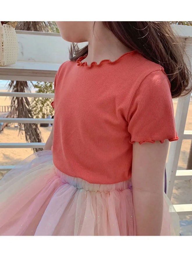 Summer Girls' Ruffled Edge Top Versatile Casual Sweet Short-sleeve T-shirt Simple Solid Color Base Shirt For Girls
