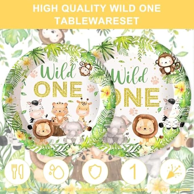 AM ANNA 120 قطعة مستلزمات Wild One Party للأولاد حفلة عيد ميلاد أول للأطفال زينة حيوانات السفاري في الغابة أدوات مائدة ذات طابع غابي أطقم أطباق مناديل أكواب ل20 ضيفا - Image 2
