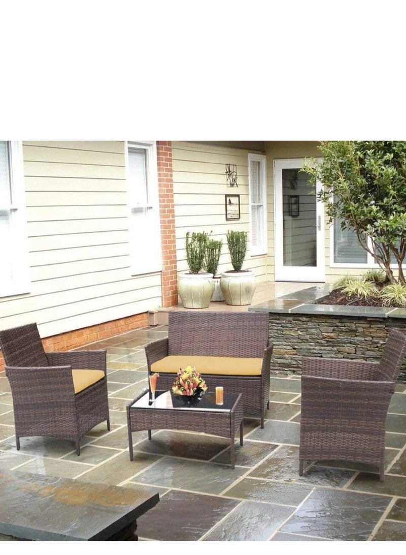 Rattan set of sofa, two chairs and a table from Sweet Furniture for gardens, villas and roofs, brown with yellow cushions, without glass
