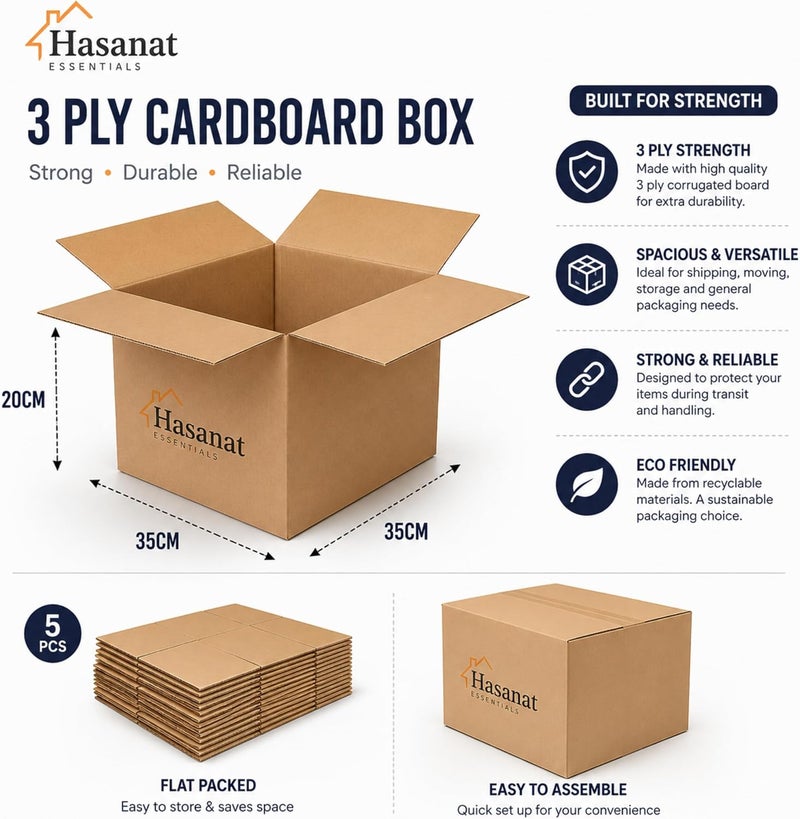 HASANAT ESSENTIALS 3 PLY Cardboard Box (35x35x20CM / 14x14x8Inches) shipping, moving, packing, storage, storage box 3 ply empty carton 5 pcs - Image 2