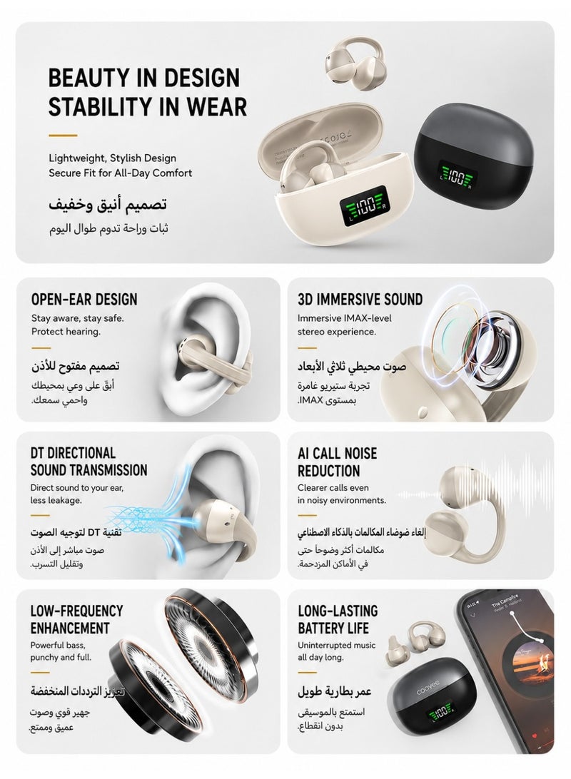 Cooyee سماعات أذن لاسلكية بتصميم مشبك، بلوتوث 6.0، مفتوحة الأذن، للرياضة والعمل والاستخدام اليومي - Image 3