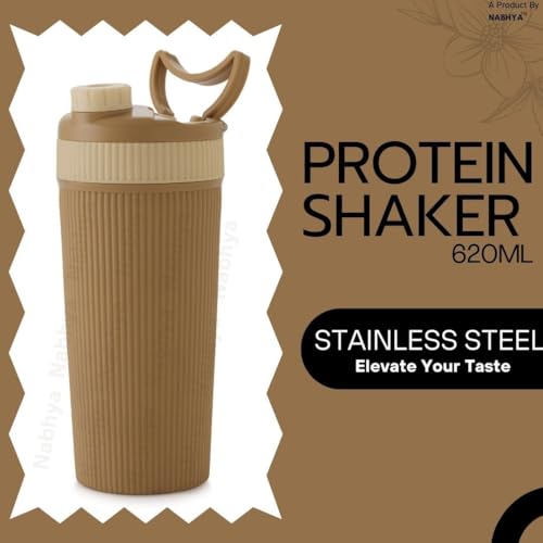 Nabhya Stainless Steel Protein Shaker With Steel Blender Gym Shaker Bottle for protein shake gym protein shaker bottle (Capacity-620ml) (Beige) - Image 2