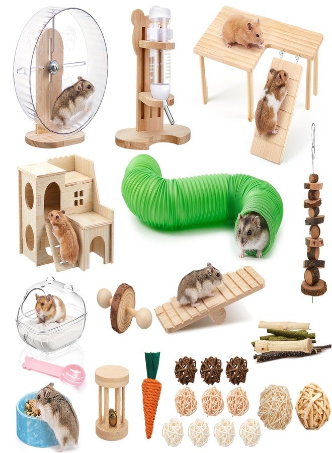 Sonwyoung 40 Pcs Hamster Cage Accessories, 9.5'' Exercise Wheel, Wood Platform Hideout House, Water Bottle, Sand Bath, Bowl, Chew Toys for Syrian Hamsters Mice Gerbils Habitat Decor(Fun Style) - Image 1