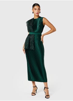Threadz by Ajooni Belted Pleated Dress With Embellished Cape  - Image 1