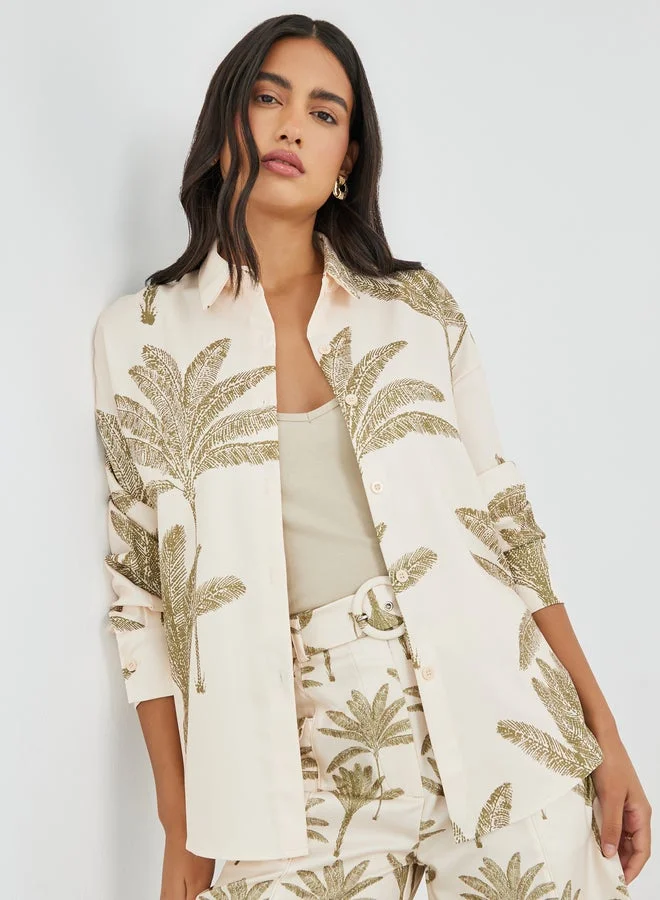 Styli Tropical Print Spread Collar Shirt