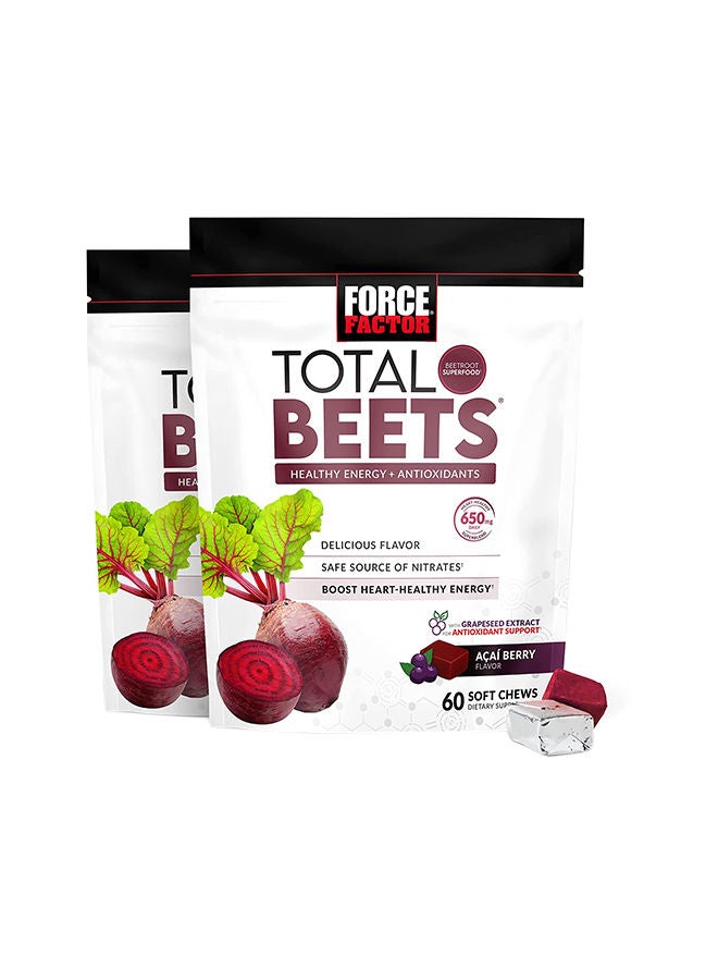 Force Factor Total Beets Soft Chews with Beetroot, Nitrates, L-Citrulline, Grapeseed Extract, & Antioxidants, Healthy Energy Supplement with Elite Ingredients for Heart, Superfood 120 Count, 2-Pack
