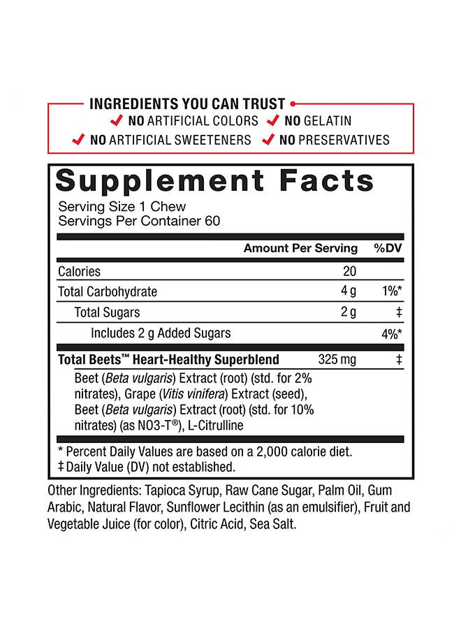 Force Factor Total Beets Soft Chews with Beetroot, Nitrates, L-Citrulline, Grapeseed Extract, & Antioxidants, Healthy Energy Supplement with Elite Ingredients for Heart, Superfood 120 Count, 2-Pack