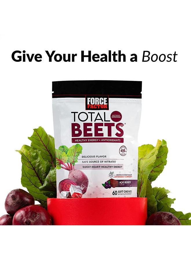 Force Factor Total Beets Soft Chews with Beetroot, Nitrates, L-Citrulline, Grapeseed Extract, & Antioxidants, Healthy Energy Supplement with Elite Ingredients for Heart, Superfood 120 Count, 2-Pack