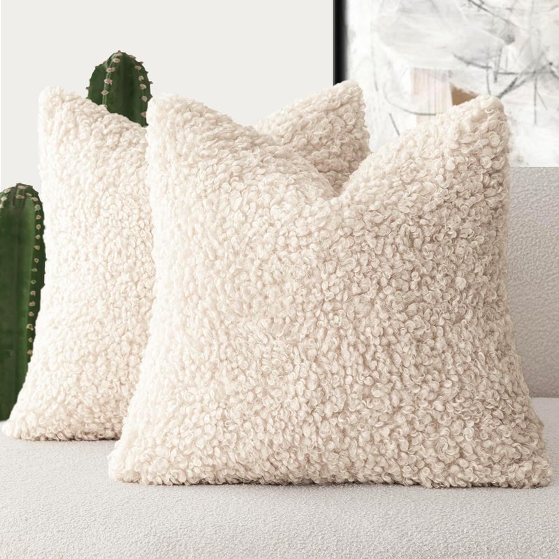 Foindtower 2 Pieces 20x20 Inch Cream Beige, Faux Fur Throw Pillow Cover Accent Sherpa Furry Pillow Covers Fuzzy Soft Pillowcases Cozy Sheepskin Decorative Fleece Cushion Case for Bed Couch Living Room - Image 1