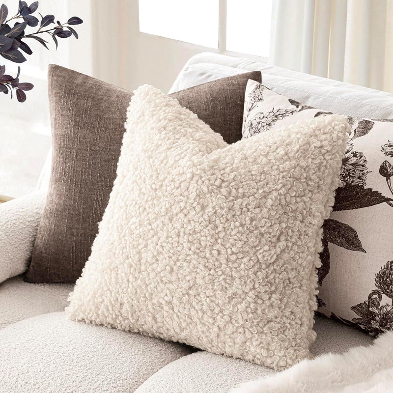 Foindtower 2 Pieces 20x20 Inch Cream Beige, Faux Fur Throw Pillow Cover Accent Sherpa Furry Pillow Covers Fuzzy Soft Pillowcases Cozy Sheepskin Decorative Fleece Cushion Case for Bed Couch Living Room - Image 4