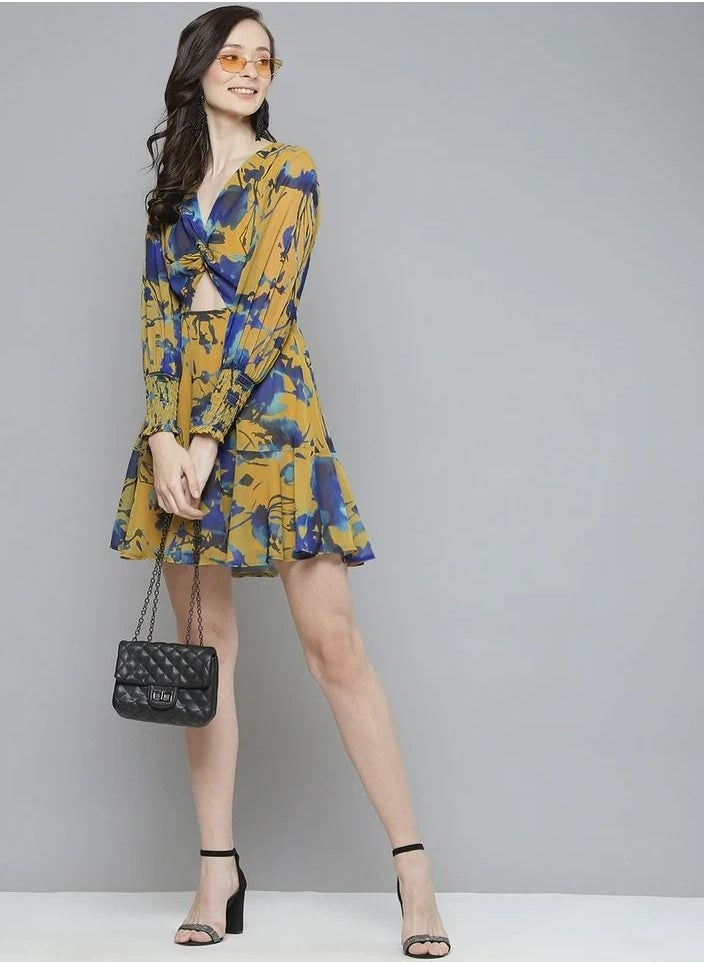 SASSAFRAS - Mustard & Blue Floral Front Knot Short Dress - Image 1